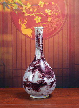 钧瓷玉净瓶摆件花瓶窑变红装饰品