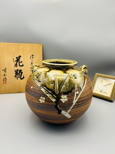 A085，日本回流 信乐烧明山作双耳花瓶 原装木盒