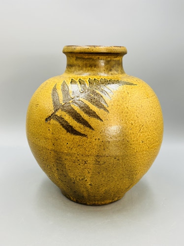 B534，日本回流 黄釉蕨叶纹粗陶陶罐｜质朴复古中古花器