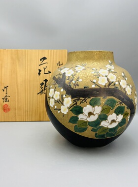 B075，日本回流 九谷烧 金彩手绘梅花花瓶，带原盒