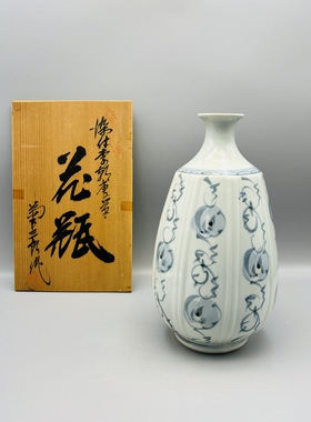 A555， 染付瓜棱南瓜花瓶带原盒，手绘图案