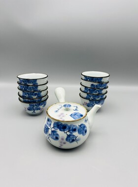 A568，日式青花葡萄纹侧把急须茶具套装，带盒