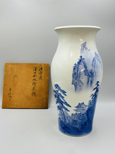 B488，日本回流升山作 青花山水绘大花瓶 带原共箱 轻微使用痕迹