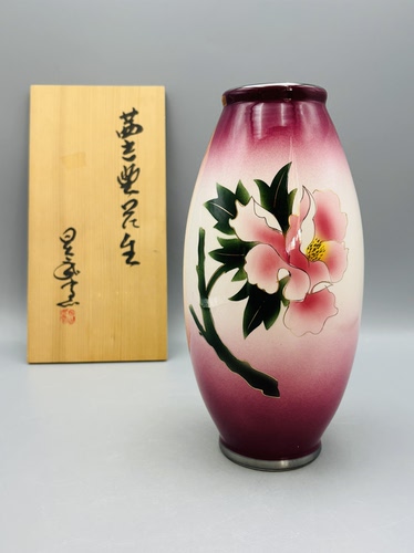B159，日本七宝烧花瓶，粉紫渐变釉面，工艺细致带原木盒