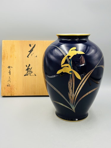 B781，日本回流香兰社帝王蓝描金兰花花瓶，带原装木盒