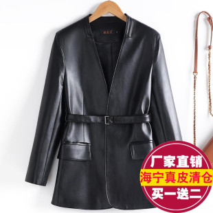2025新款 V领小西服系带收腰皮风衣显瘦夹克外套 真皮皮衣女中长款