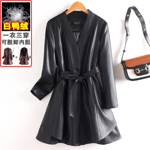 可拆卸内胆真皮羽绒服女士中长款