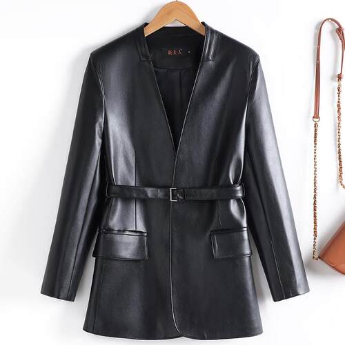 真皮皮衣女中长款显瘦西服外套