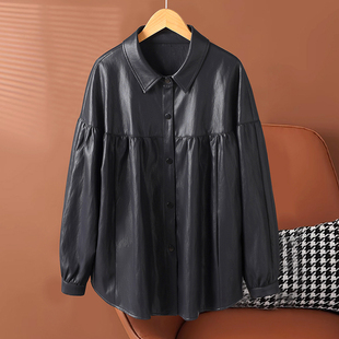 海宁真皮皮衣女士中长款衬衫式绵羊皮夹克宽松显瘦大码娃娃衫外套