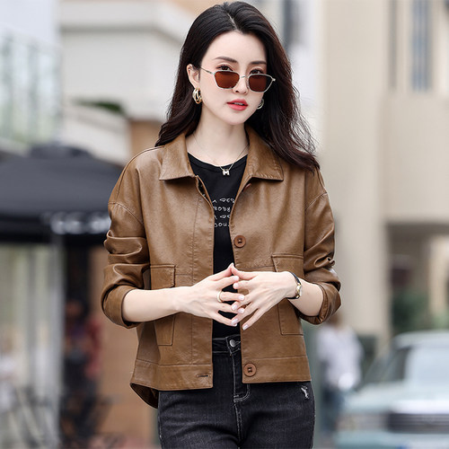 真皮皮衣女短款宽松机车皮夹克