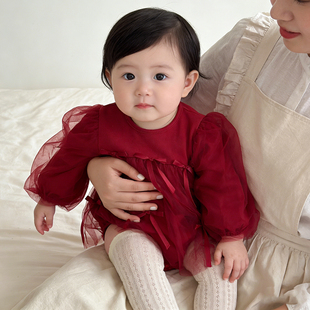 新生儿连体衣红色网纱女宝宝周岁公主礼服a类 春秋季 婴儿服装 韩版