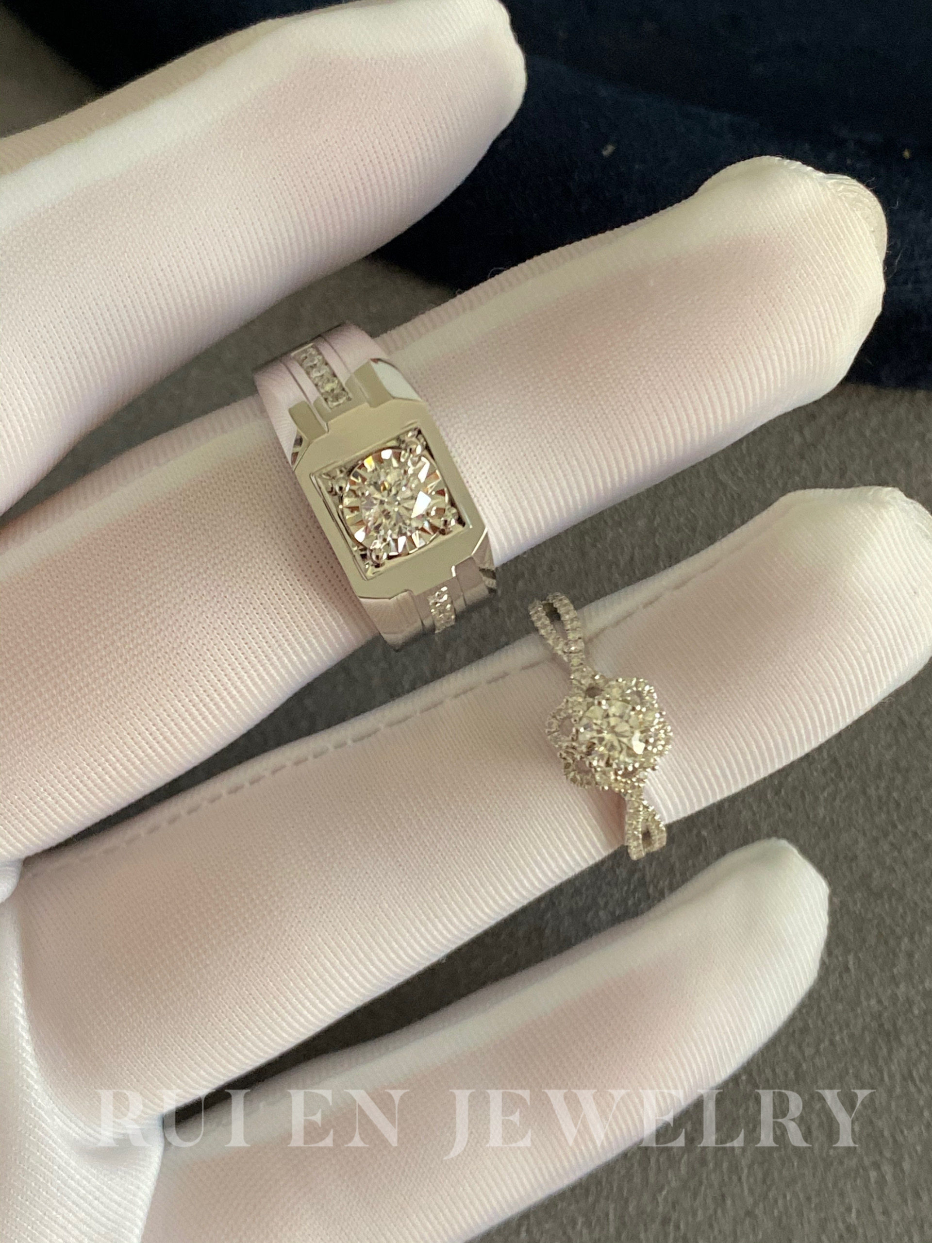 芮恩 18k白金F VS1 30分GIA钻石情侣对戒婚戒指环男戒女戒指结婚