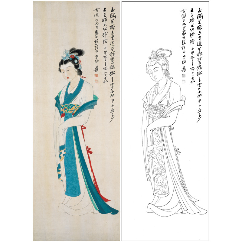 【大彩图】张大千工笔画白描底稿传统仕女《湘夫人》人物线稿qd62