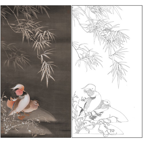 工笔画白描稿薄春雨花鸟竹子《雪竹鸳鸯》临摹勾线高清打印稿BC13