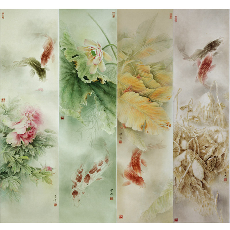 【四条屏】龚雪青工笔画白描底稿荷花鲤鱼图多种白描尺寸可选xq69