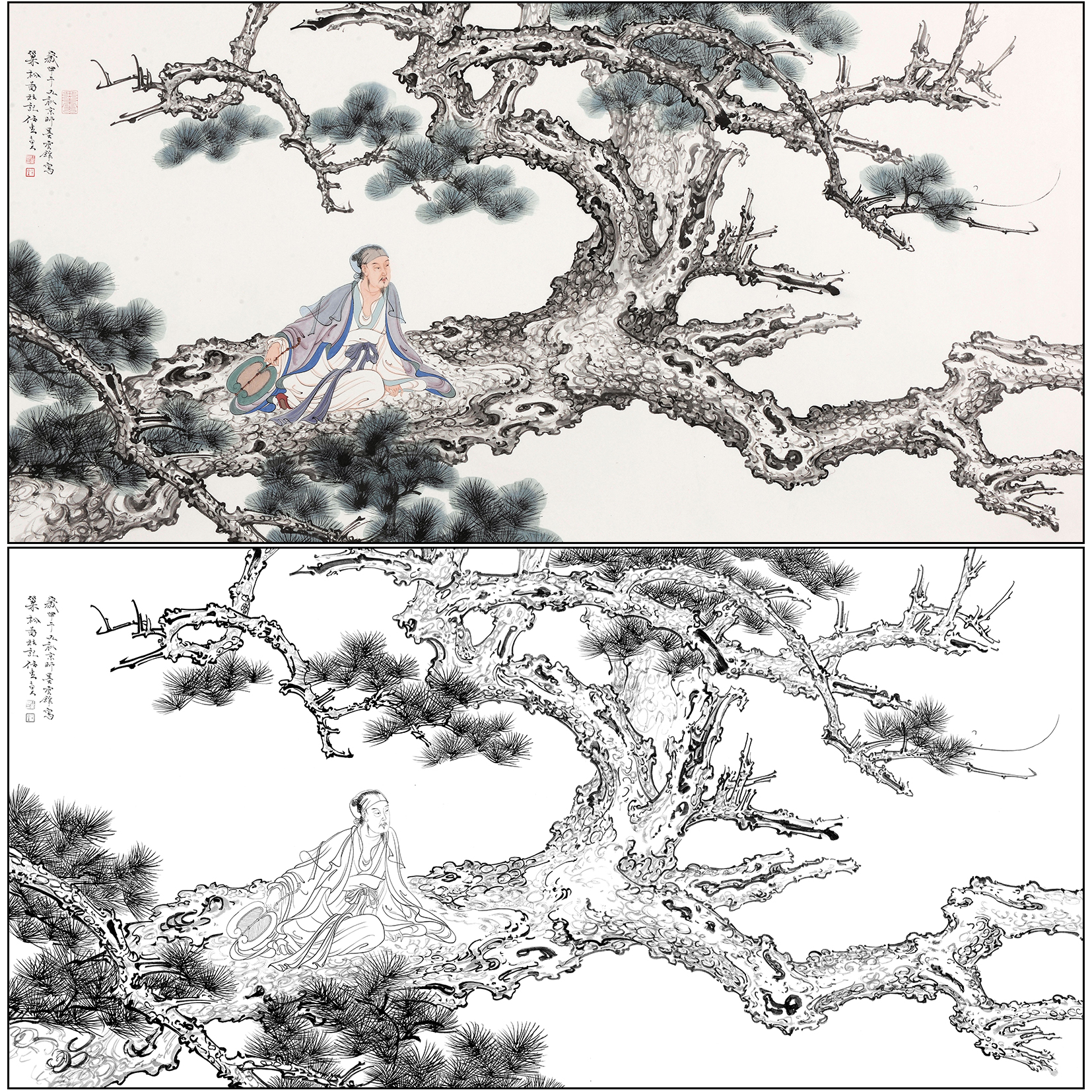 任重山水人物工笔画白描底稿《巢松图》临摹勾线高清打印稿RD75