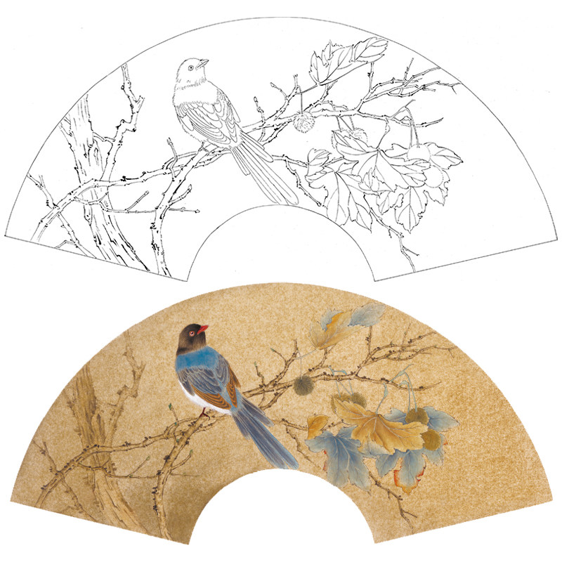 【大彩图】张建军工笔画白描底稿扇面小品绶带鸟临摹花鸟线稿a344
