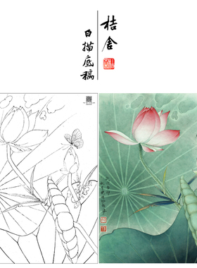 【大彩图】李晓明工笔画白描底稿《白蝶粉荷》荷花花鸟线稿K081