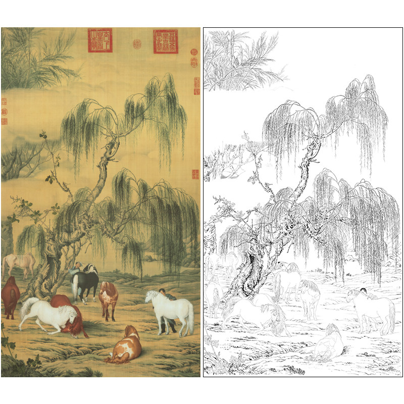 【大彩图】郎世宁工笔画白描底稿骏马《八骏图》花鸟线稿ls06