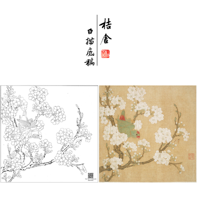 【大彩图】工笔画白描底稿宋画小品《梨花鹦鹉图》花鸟线稿GH25