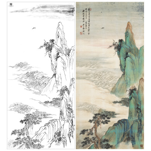 【大彩图】祁昆工笔画白描底稿《金碧青绿山水轴》临摹打印稿A648