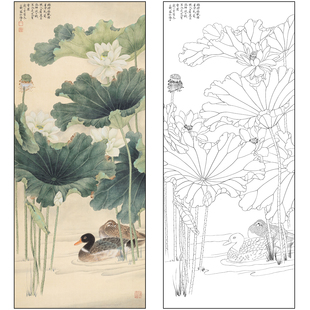 吕大卫花鸟工笔画白描底稿荷花野鸭《荷塘雁影》高清打印稿A680