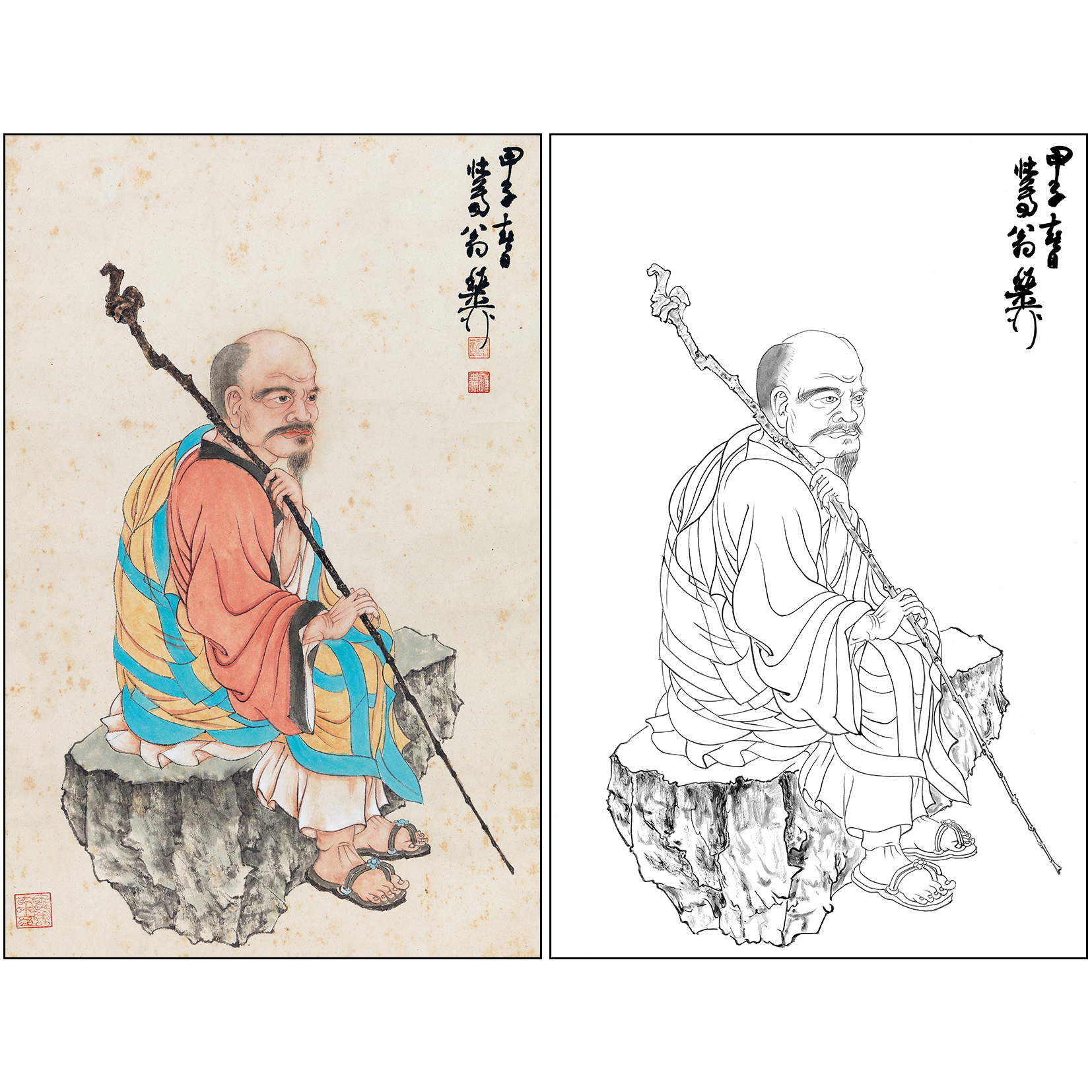 谢稚柳人物工笔画白描底稿《罗汉图》临摹勾线高清打印稿XZ28