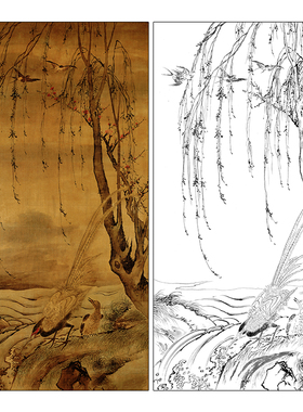 汪肇花鸟工笔画白描底稿《柳禽白鹇图》临摹勾线高清打印稿MD21