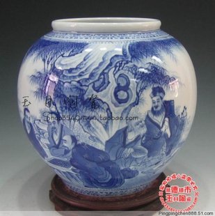 景德镇瓷器花瓶 竹林七贤釉中彩青花陶瓷 摆设工艺品 瓶内画