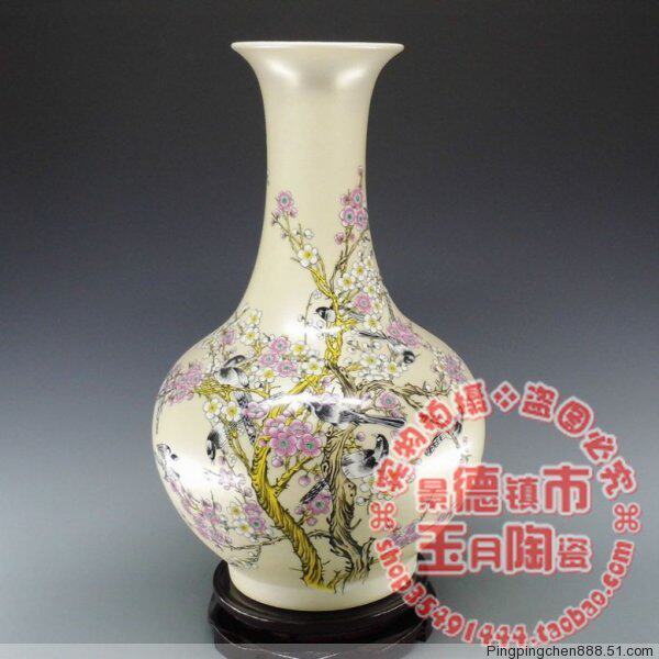景德镇陶瓷器 粉彩喜鹊梅花赏瓶 时时报喜 推荐工艺品客厅摆件