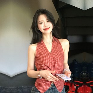 港风复古格子无袖 褶皱扭结挂脖v领收腰马甲 上衣女2025年夏季 新款