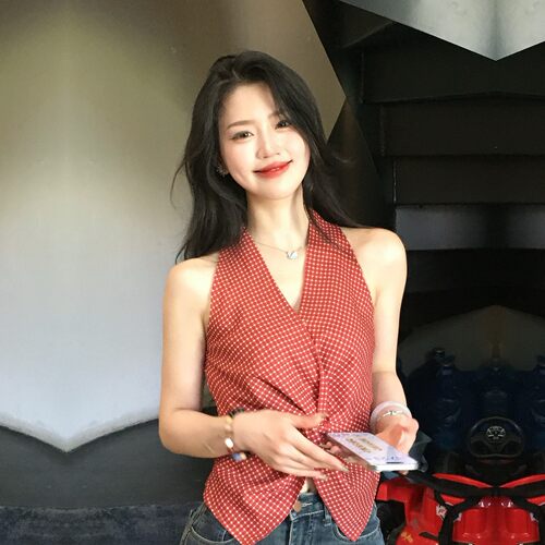港风复古格子无袖上衣女