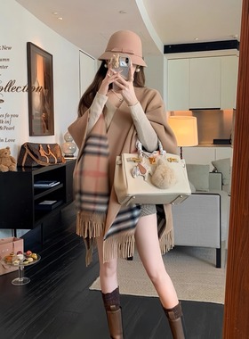 nss披肩外套女 秋冬新款学院风格纹流苏气质慵懒风宽松斗篷上衣