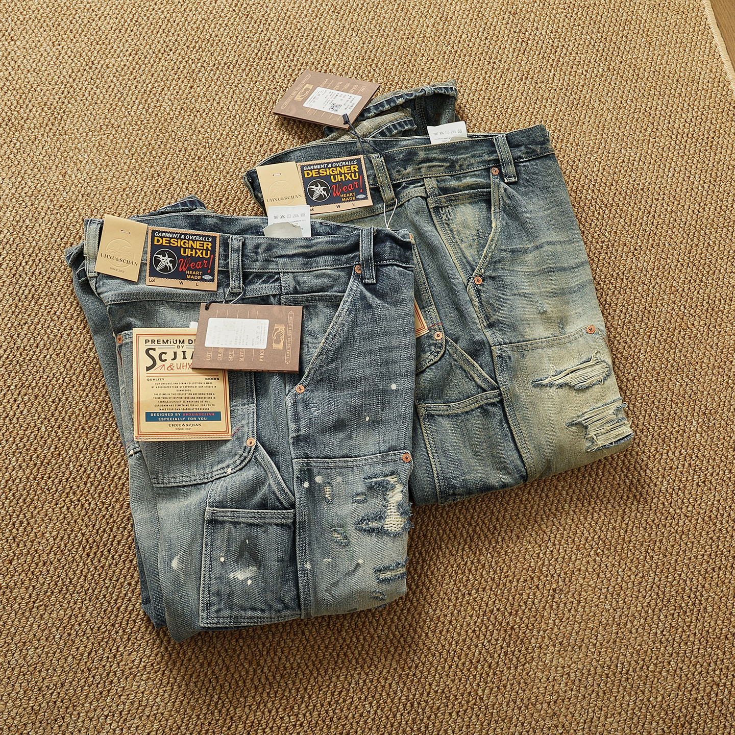 贴布补丁油污脏洗重工水洗伐木裤