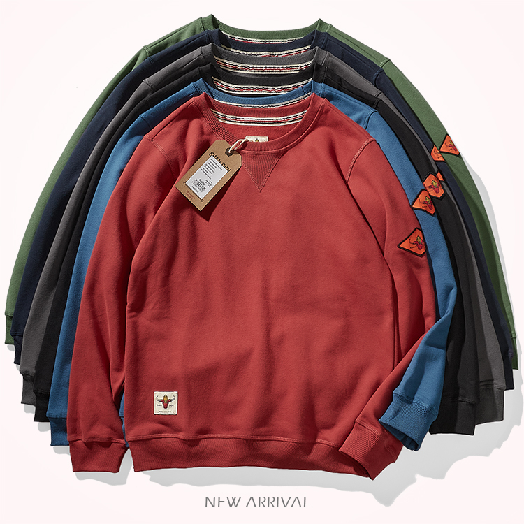 圆领无帽卫衣男士300g加绒纯棉纯色简约长袖春秋季套头衫运动上衣