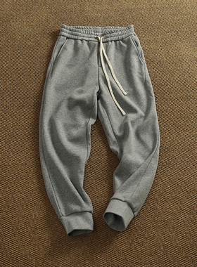 秋冬美式休闲加绒针织灰色卫裤男宽松抽绳百搭潮流运动束脚裤子潮