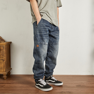 猫须刷白复古个性拼接牛仔裤男重磅厚实做旧水洗宽松潮流牛仔长裤