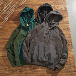 秋冬重磅加绒加厚连帽套头卫衣男阿美咔叽厚实针织毛圈半开领外套