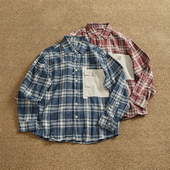 日系复古工装 全棉水洗磨毛休闲外搭衬衣 男春秋季 拼色格子长袖 衬衫