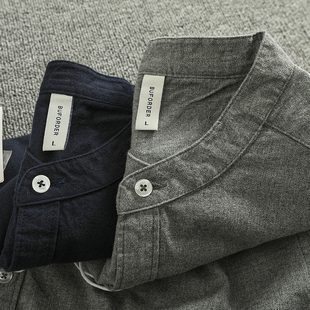 中山小立领扣领复古长袖 男纯色休闲全棉水洗磨毛吸汗透气衬衣 衬衫