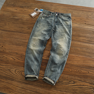 男直筒小脚喷漆猫须做旧锥形裤 12.5OZ赤耳丹宁牛仔长裤 款 中厚四季