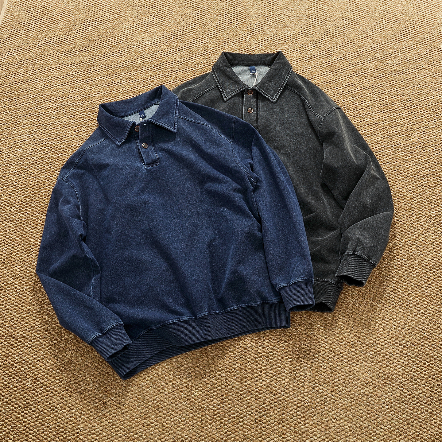 美式休闲重工水洗翻领长袖卫衣男