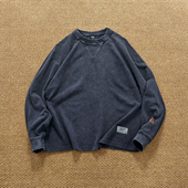 外搭长袖 重磅厚实珠地棉圆领套头卫衣男士 欧美做旧水洗帖章厚款