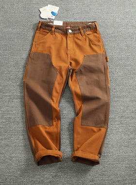 秋冬重磅高端复古工装裤男珠帆布颗粒纹撞色拼接伐木机车休闲裤潮