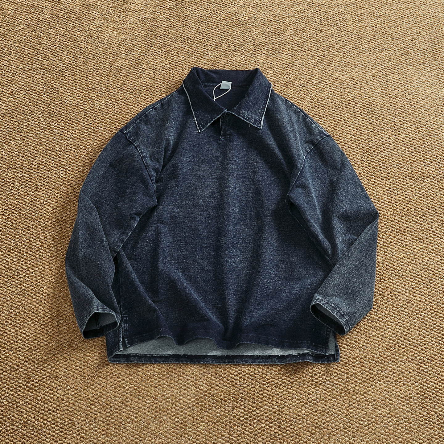 重工水洗复古做旧针织牛仔POLO衫男时尚潮款宽松休闲翻领长袖卫衣