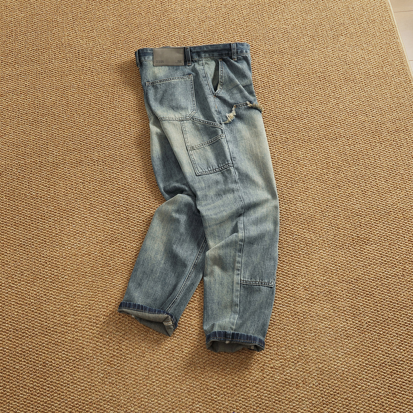 美式复古伐木工装元素水洗牛仔长裤男做旧宽松直筒锥形贴布补丁裤