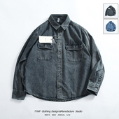 水洗做旧蓝色工装 多口袋宽松休闲衬衣外套 潮牌男装 牛仔衬衫 男长袖