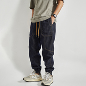 靛青色原色牛仔裤 男阿美咔叽复古宽松束脚纯棉哈伦阔腿高端长裤 潮