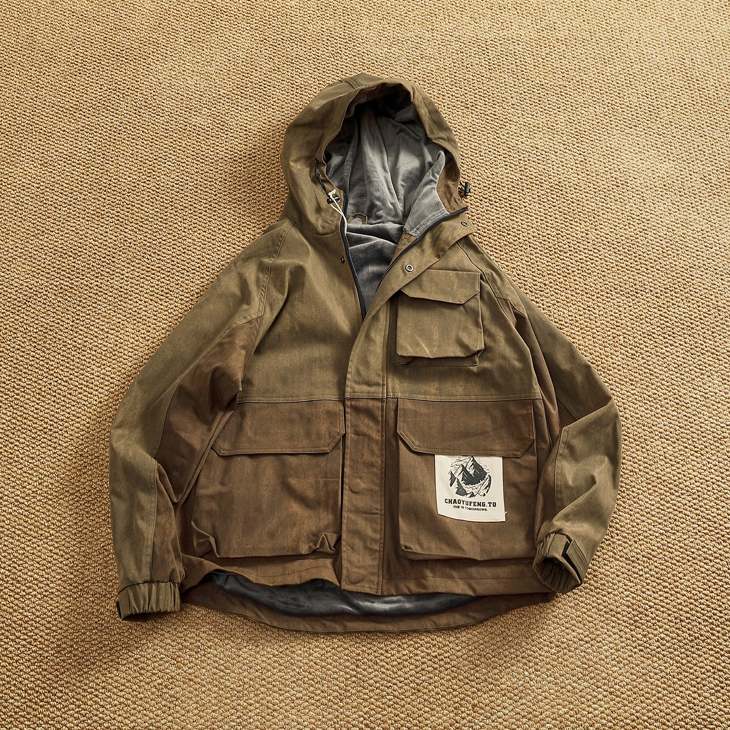 冬季加绒银狐绒内里口袋工装外套男连帽撞色拼接潮款机能棉服上衣