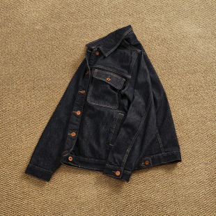 潮牌重磅原色牛仔外套男 直筒版型翻领工装夹克高街复古上衣